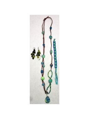 Boho Polymer Clay Green Blue Statement Necklace Earrings Bracelet Set Lot